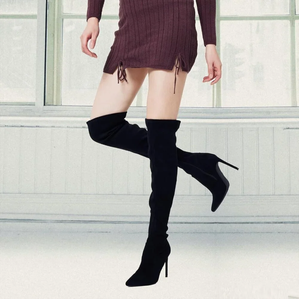 Women Black Faux Suede Over The Knee Thigh High Stiletto Heel Pointed Toe Boots